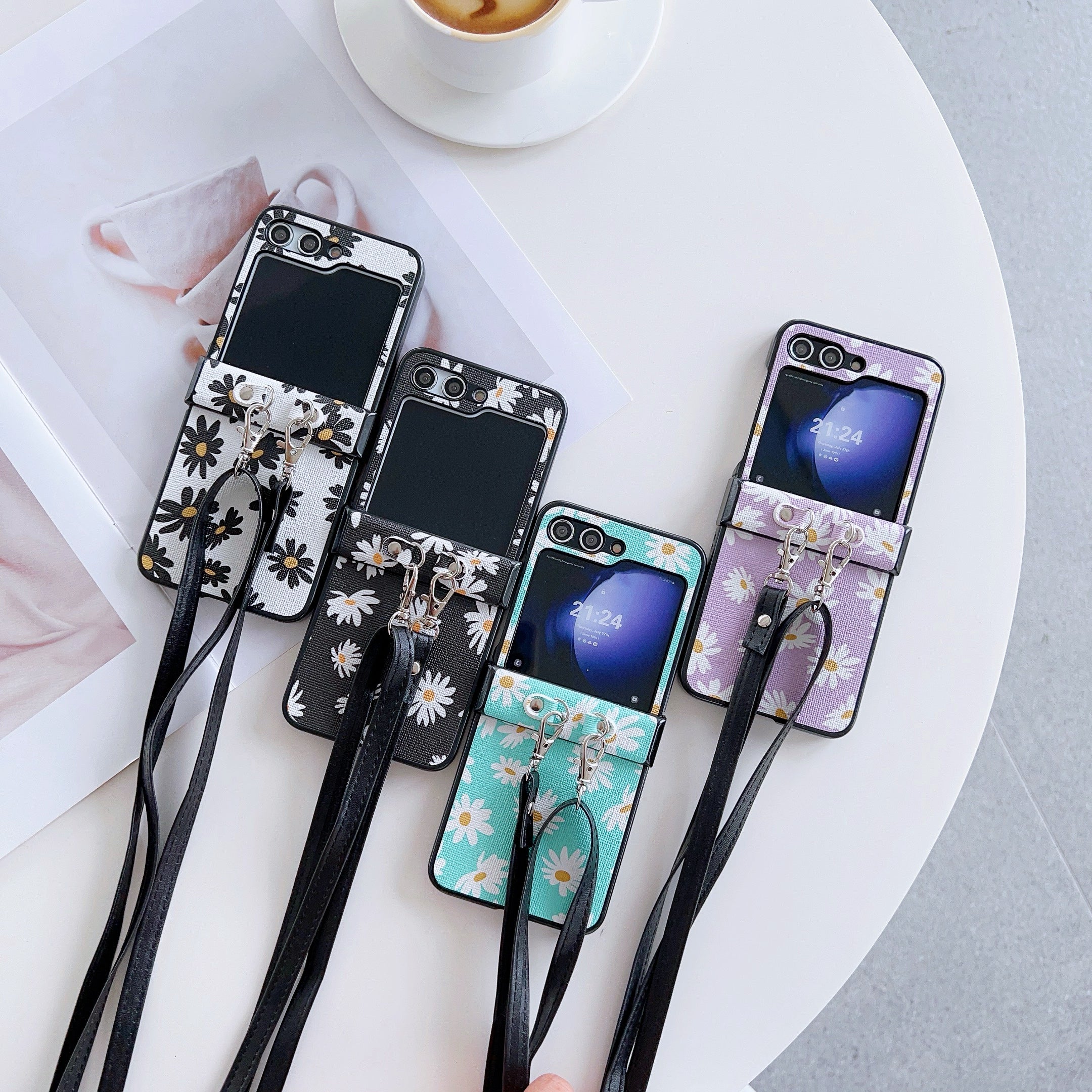 For Samsung Galaxy Z Flip6 5G Chrysanthemum Pattern PU Leather + PC Phone Cover with Crossbody Strap - Blue For Samsung Galaxy Z Flip6 5G Chrysanthemum Pattern PU Leather + PC Phone Cover with Crossbody Strap - Blue
